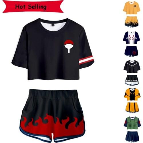 Cosplay Costumes Halloween Hot Anime Narut Ninja 2 Piece Uchiha Outfits for Men Women Short Sleeve Crop Top and Short Pants Sets