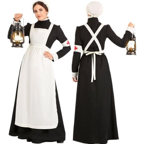 Halloween French Maid Apparel Servant Costume Women Red Cross Pattern Girls Cosplay Nurse Long Dress