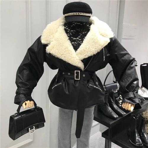 New 2020 Faux Sheepskin Shearling Winter Coat Women Black Warm Motorcycle Street Soft Lamb Fur Women Leather Jacket MY251