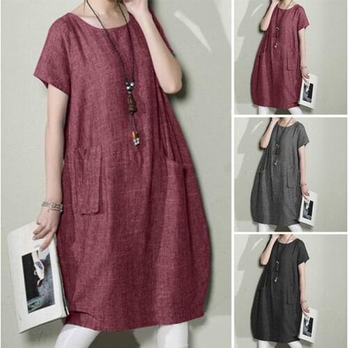Summer large size dress 4XL-8XL bust 132CM cotton and linen loose art short sleeve asymmetric pocket solid color dress