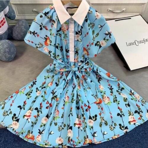 Baby girl summer vintage floral cloak princess dress children lapel stitching printed birthday party beach dress