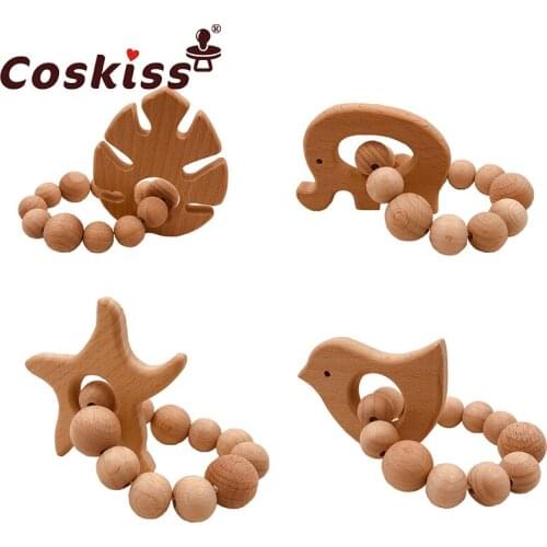 Beech Bead Teething Ring Set Untreated Beech Teether with Organic Wood Animal Toy Wood Bracelet Baby Wooden Teether Bangle