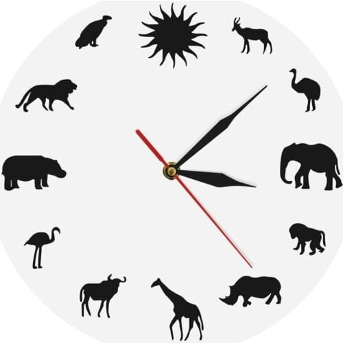 African Animals Silhouette Wall Clock Safari Wild Animals Minimalist Design Modern Wall Clock Kid Room Nursery Wall Watch Clock