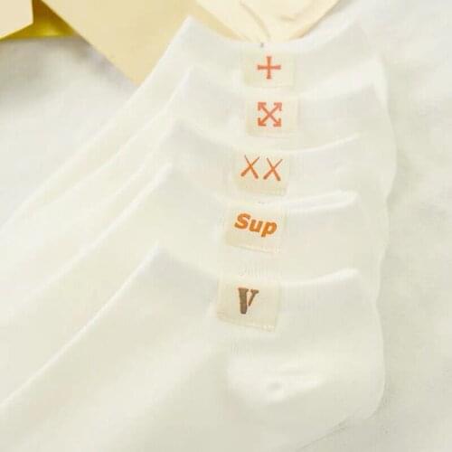 New Unisex White Black Color Creative Cute Embroidery Notation Boat Socks Fashion Cotton Breathable Ankle Socks Summer 5pairs