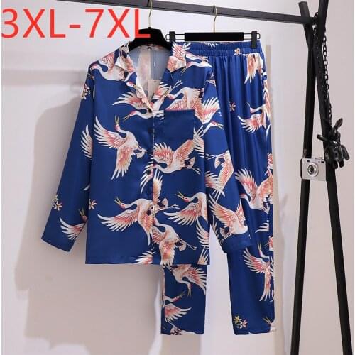 New Ladies Autumn Winter Plus Size Pajamas Sets For Women Large Loose Blue Print Shirt And Pants Home Wear Suit 4XL 5XL 6XL 7XL