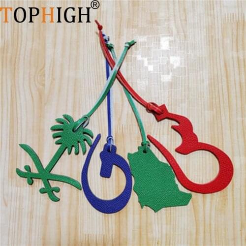 TOPHIGH Wholesale Customer Design Made Genuine Natural Leather Saudi Map Keychain Ladies Backpack Pendant Women Bag Charm