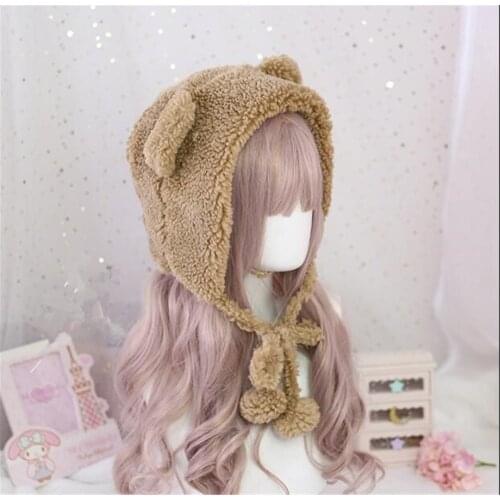 Plush Bear Ear Cap Japanese Furry Earmuffs Hat Autumn Winter Kawaii Korean Warm Students Hat B835