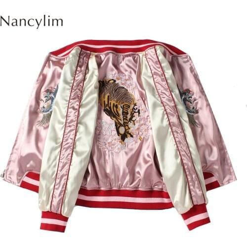 Pink Embroidered Baseball Jacket Womens and Mens Double-sided Wearing Short Jacket New Loose Bomber Jackets Femme Student Street