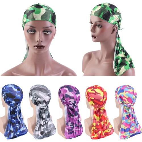 Long Tail Turban Fashion Camouflage Muslim Durags Women Men Bandanas Hair Accessories Patchwork Headwrap Pirate Hats Headwear