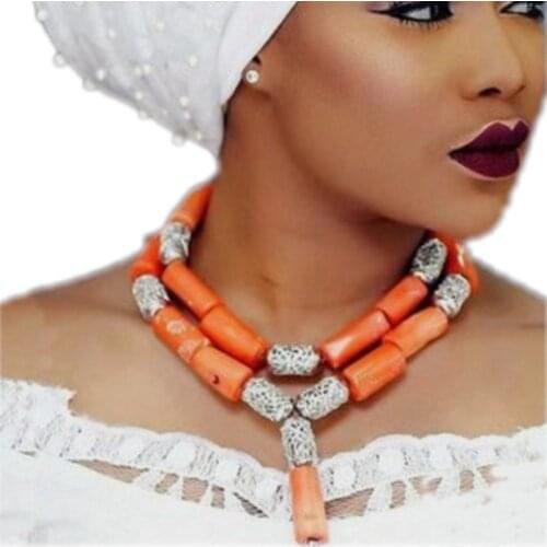 Dudo Jewelry Classic African Coral Beaded Jewelry 2 Layers Choker Orange / Red / White 12mm +Nigerian Women Wedding Necklace Set