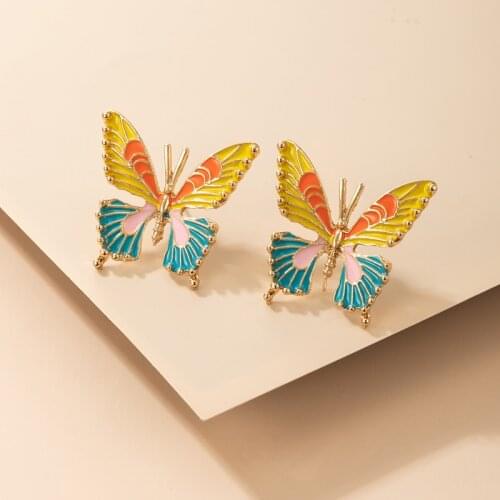 Docona Elegant Dripping Oil Geometeric Earrings Bohemia Colorful Butterfly Stud Earring for Women Girls Jewelry Accessory Cерьги