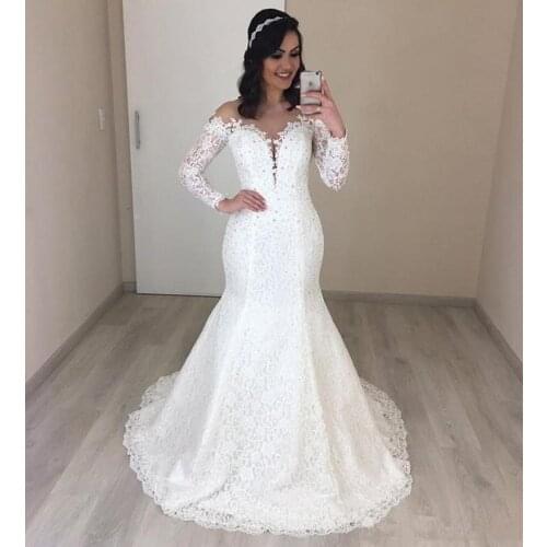 Sexy sheer Neck Mermaid Lace Wedding Dresses With Beads Elegant Long Sleeves Bridal Dress 2020 Illusion Neck Vestido De Nova
