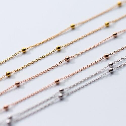 Slim Thin 925 Sterling Silver Beaded Choker Necklaces Women Girls Rose Gold Color Jewelry Link Necklace Set Chains+Lobster Clasp