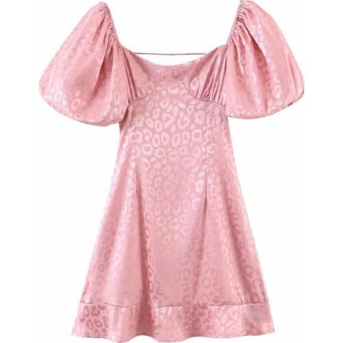 Women Pink Jacquard Leopard Satin Mini Dress Sexy Lantern Sleeve Cross Lacing Up Backless Dresses Summer Sweet Party Vestidos