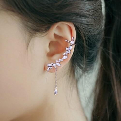 1pair 925 Sterling Full CZ Crystal Leaf Branch Ear Climber Elegant Women Fashion Wedding Party Birthday Gifts Earrings