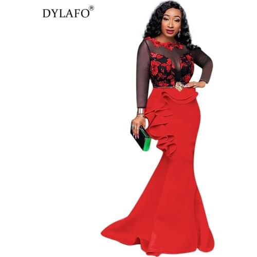 2020 Sexy O Neck Applique Mesh Sheer Splice Ruffles Night Party Dress Women Robe Vestidos Backless Slim Bodycon Maxi Dresses