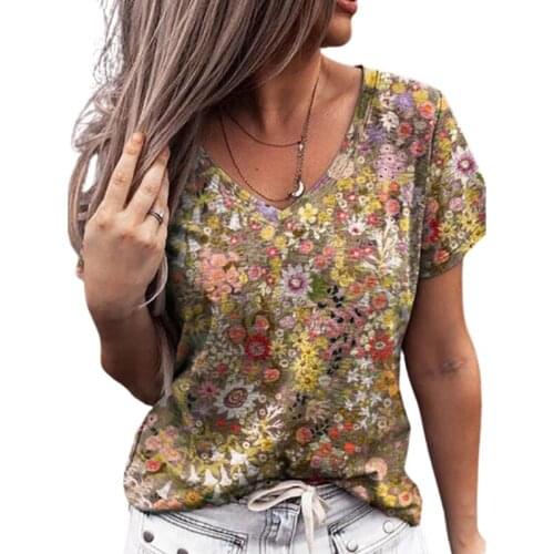 2021 New Summer Tops Women Vintage 3D Floral Print T Shirt Loose Plus Size Casual Short Sleeve V-Neck Tee Top Oversized 4XL 5XL