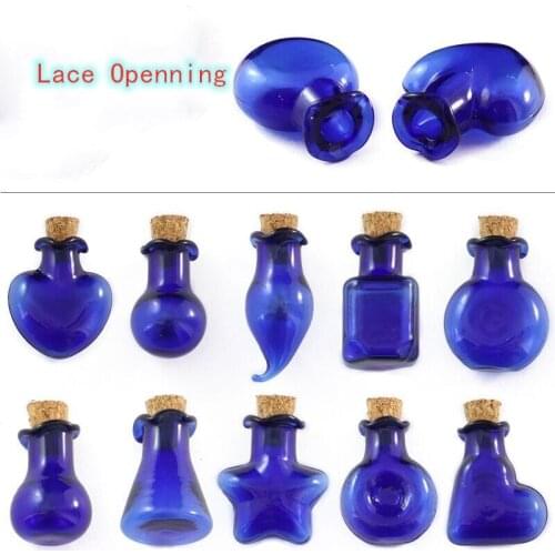 50/80/100/150/200PCS 12 Shape NEW Lace Open Mini Glass Blue Bottles Cute Bottles With Cork Little Bottles Gift Tiny Jars Vials