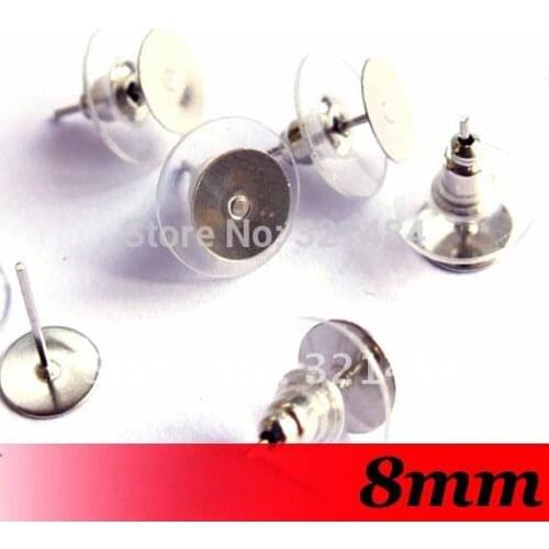 Free ship! Rhodium Dull Silver Plated 1000set 8mm Round Flat Glue Pad Stud Earring Post With Rubber Bullet Stopper