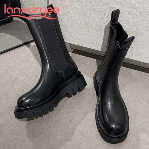 Lanxuryee large size round toe Chelsea boots thick bottom stretch fabric slip on convenient streetwear modern ankle boots L15