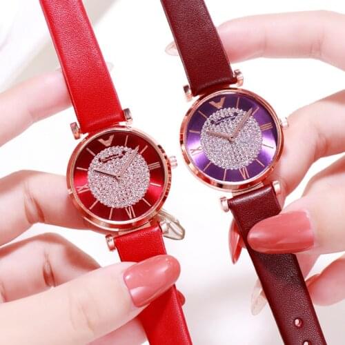 Tephea Top Brand Luxury Watches Women Alloy Analog Quartz Red Ladies Wrist Watch Rhinestone Leather Strap Purple Relogio 2019