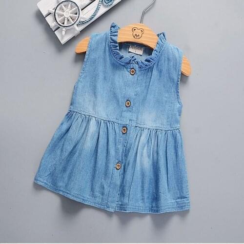 Denim Baby Girl Princess Dress Kid Baby Party Sleeveless Ruched Blue Single Breasted A-Line Mini Dress Outfit 0-24M