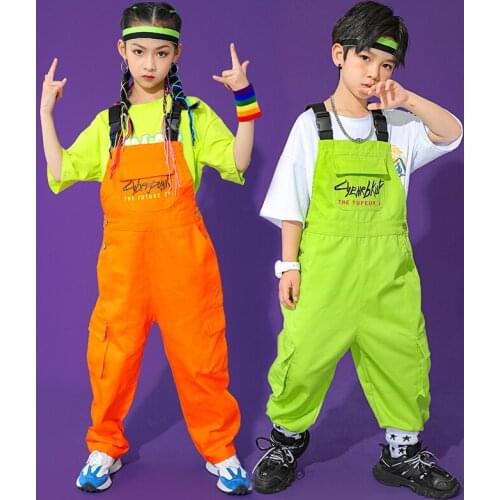 Fluorescent Green Jazz Hip Hop Costume Girls Satge Performance Outfits Boys Green Overalls Ballroom Dancing Clothes Wear SL4906