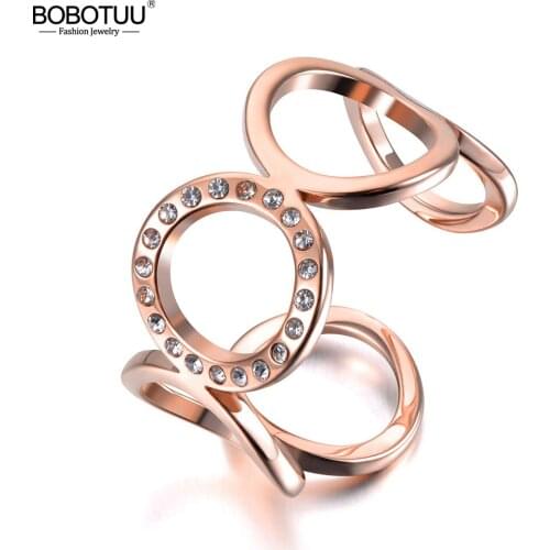 BOBOTUU Titanium Stainless Steel O-shape Geometric Open Ring Rose Gold Micro Pave CZ Crystal Anniversary Ring For Women BR19028