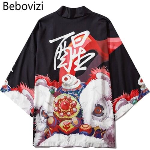 Bebovizi Fashion Streetwear Lion Dance Print Kimono Cardigan Robe China Haori Obi Traditional Japanese Clothes for Women Men