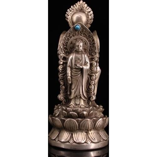7"Chinese Folk Collection Old Bronze Gilt silver mosaic Gem Three-faced Buddha Three Saints of the West Buddha statue Ornaments