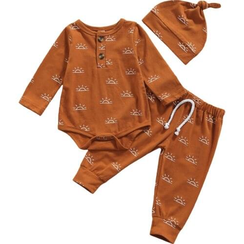 Newborn Long Sleeve Romper + Trousers + Hat Little Sun Print Elastic Waist Spring Clothing