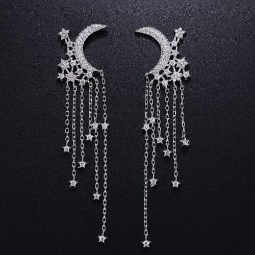 Fashion Long Tassel Zircon Stud Earrings For Women Ladies Vintage Unusual Sweet Moon Star Cute Earrings Trendy Female Jewelry