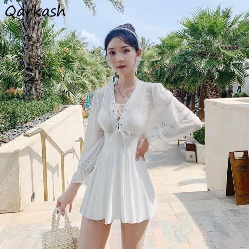 Cover-up Women Flare Sleeve Swimwear High Waist Soft Beachwear Korean Style Chic Teens White Summer 2021 New Lace-up Sweet Girls