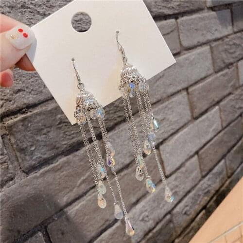 New Woman Drop Earrings Shiny Crystal Cute Windbell Long Link Tassel Dangle Earrings Fashion Accessories Trendy Jewelry