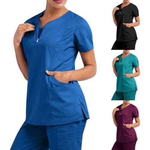 Stretch V-Neck Scrub Top for Women Solid Short Sleeve T-Shirt Beauty Salon Nurse Uniform with Pocket Care Workers Blouse