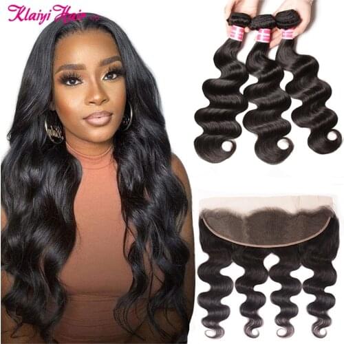 Klaiyi Hair Body Wave Bundles With Frontal Brazilian Human Hair Weave Bundles With 13x4 Lace Front Closure Remy Hair Extension