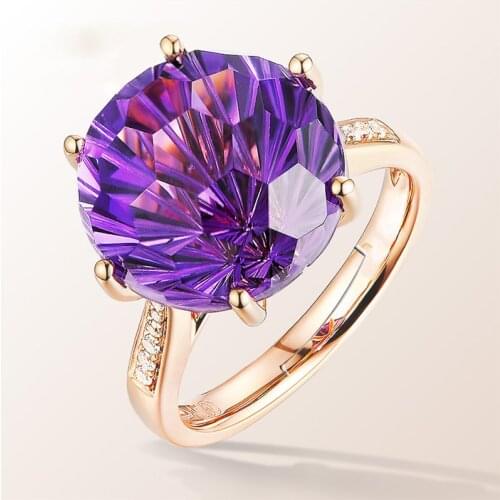 Unique Purple Rings for Women Natural Stone Round Beads Casual Finger Ring Purple Crystal Quartz Rose Gold Color Party Jewelry