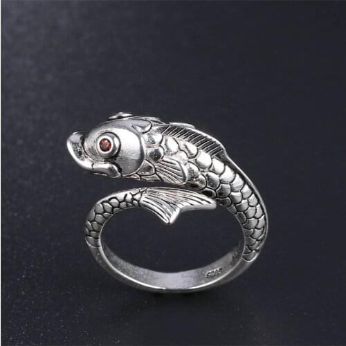 S925 silver vintage carp ring opening adjustable ethnic fentai silver to make old ring