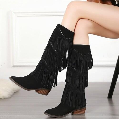 Thigh High Booties Women Genuine Leather Chunky Heels Knee High Snow Boots Female Winter Warm Round Toe Pumps Shoes Casual Shoes