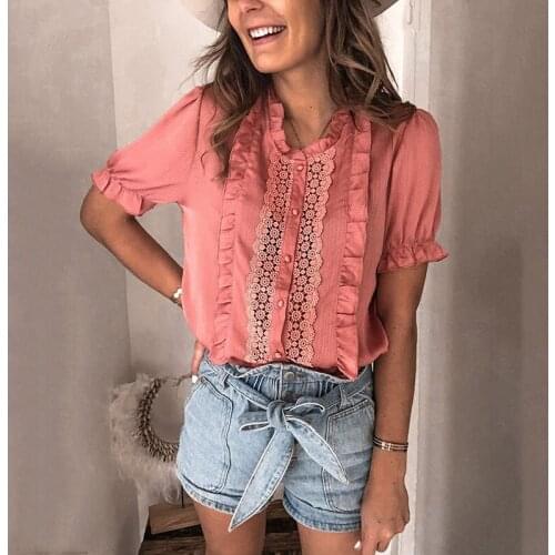 Sexy Button Up Ruffle Blouse Shirt Women Elegant Short Sleeve Patchwork Lace Tops 2021 Spring Summer Office Lady Blouses Camisas