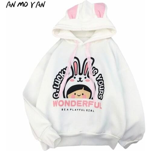 Womens Hoodie Winter Fashion Cartoon Anime Harajuku Loose Korean Bunny Ear Top Sweatshirt