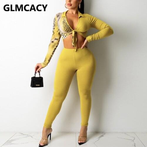 Women Two Piece Chic Party Suits Long Sleeve Tie Front Crop Top & Slim Pants Set