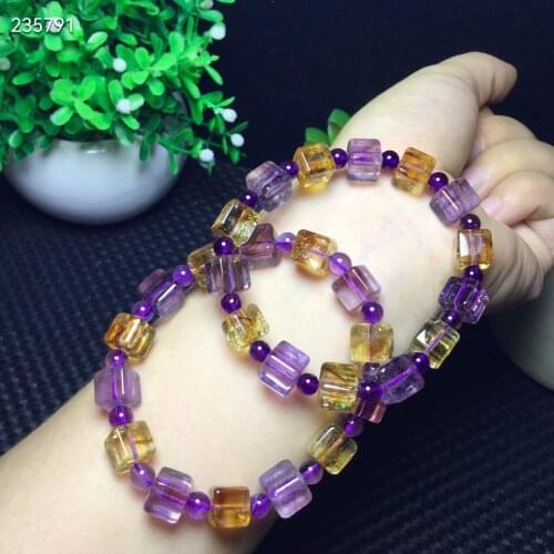 Top Natural Ametrine Yellow Purple Bracelet Crystal 8mm Women Clear Cube Rectangle Beads Stretch Bracelet AAAAA