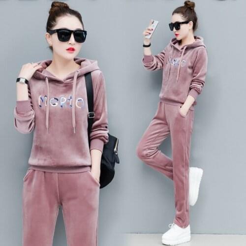 Double-sided Velvet Gold Velvet Casual Suit Womens Colorful Embroidery Letters New Plus Velvet Thick Sweater 2-piece Sportswear