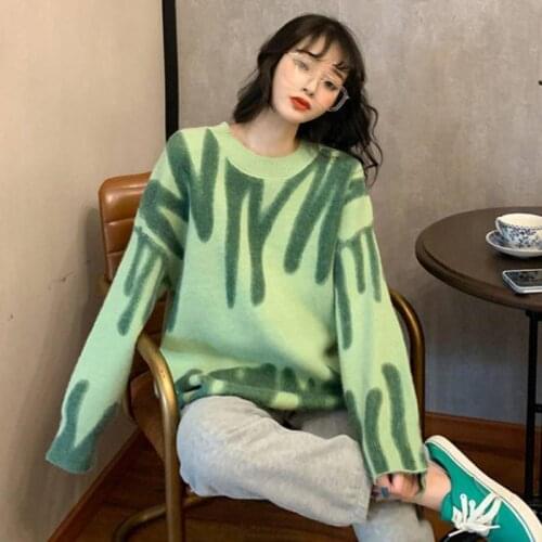 Print Knitted Sweater Women Elegant Green Striped Oversized Pullovers Women Winter Loose Long Sweaters Streetwear Sueter Mujer