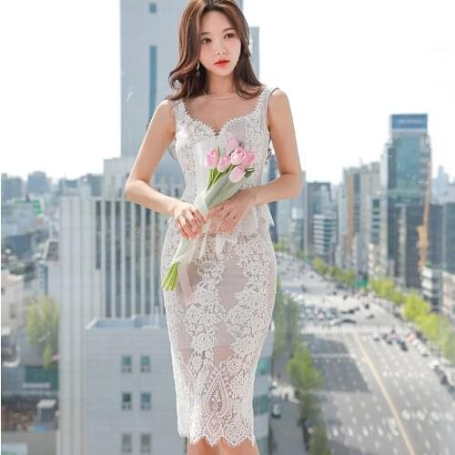 Ladies Wrap White Sheath Midi Dresses Summer Woman Sleeveless V Neck Bodycon Lace Pencil Dress Elegant Womens Party Vestidos