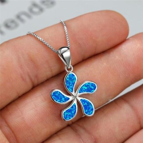 Cute Female Blue Opal Pendant Necklace Classic Silver Color Chain Necklaces For Women Vintage Bridal Flower Wedding Necklace