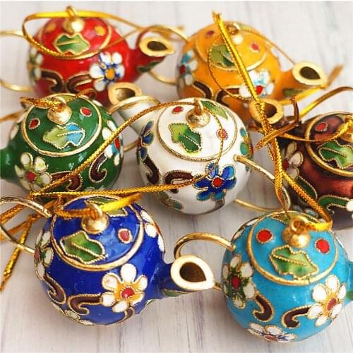 10pcs Colorful Chinese style Mini Teapot Ornaments Cloisonne Enamel Filigree Handcrafts Christmas Party Favor Gifts Decorations