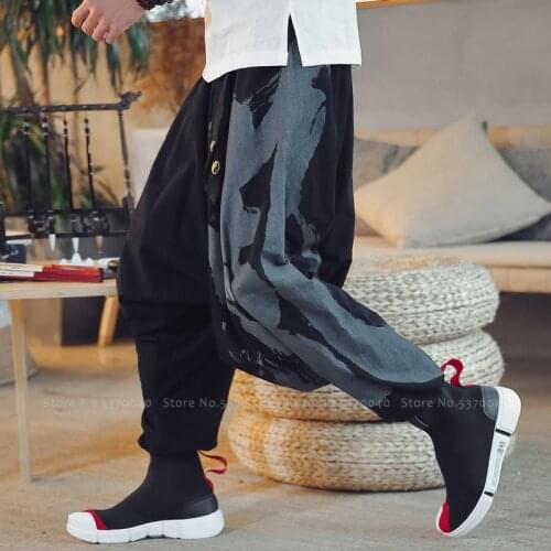 Japanese Harajuku Style Wide Leg Harem Pants Men Chinese Homme Loose Trousers Ukiyo-e Crane Samurai Haori Bottoms Asian Clothes