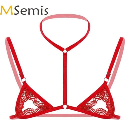 Mens Sheer Lace Lingerie Halter Adjustable Spaghetti Straps Bra Sissy Erotic Open Nipples Bralette Gay Wire-free Unlined Bra Top
